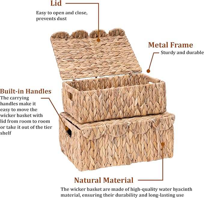 Set of 2 Scalloped Edge Wicker Basket with Lids, Rectangle Wicker Storage Basket with Built-in Handles, Multipurpose Organizer Rattan Display Boxes for Shelf, Nursery Room