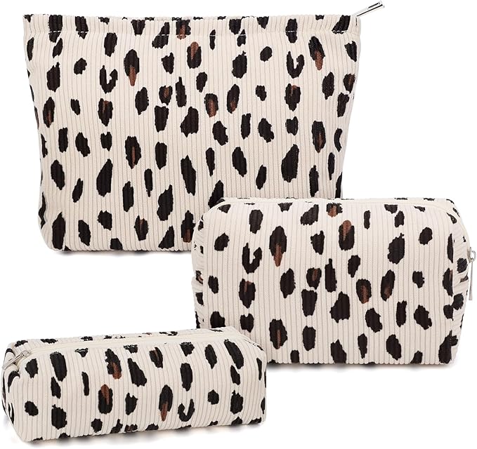Gocvo 3 Pcs Makeup Bag Cosmetic Bag Set for Girls Women Travel Organizer Bathroom Toiletry Pouch Large Capacity Storage Bag (Leopard Beige)