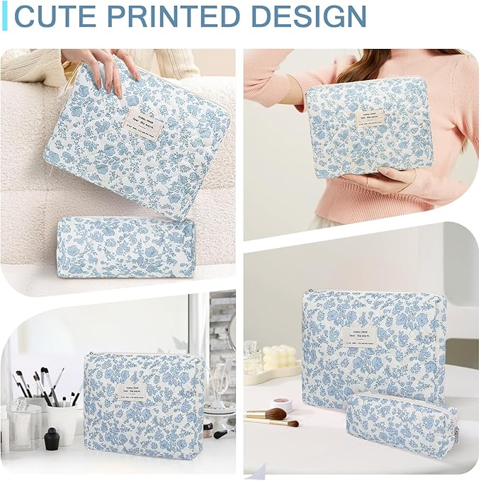 Gosect 2PC Makeup Bag Set, Cute Cosmetic Bag for Women Girls, Floral Coquette Aesthetic Toiletry Bag, Travel Make Up Organizer Bag (Blue Floral)