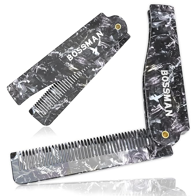 Bossman Acetate Folding Comb for Men – 3.5-Inch Travel Mustache & Beard Comb, Portable Pocket Hair Tool