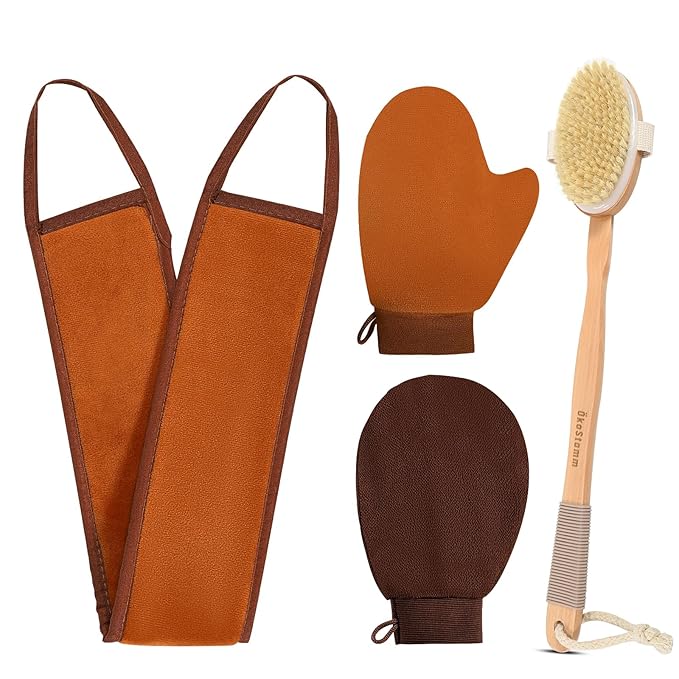 ÖkoStamm 4-in-1 Self Tanner Applicator Kit - Self Tanning Mitt with Long Handle Body Brush for Back Exfoliating and Streak-free Self Tan