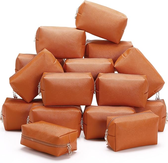 Kigeli Aesthetic Makeup Bags PU Leather Cosmetic Pouches Waterproof Plain Toiletry Bags Makeup Pouches Bulk for Women Party Gift Travel Storage Organizer(Orange Brown,7.1 x 2.8 x 4.3 in)
