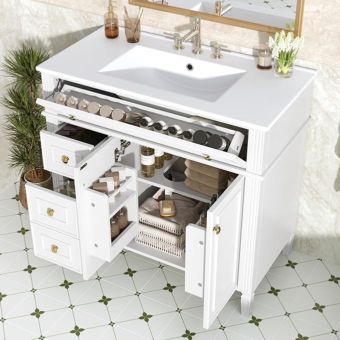 Harper & Bright Designs 36" Bathroom Vanity with Sink, Free Standing Single Basin Vanity Set with Tip-Out Drawer, 2 Drawers, and 2 Doors, Wood Bathroom Cabinet with Ceramic Basin for Bathroom, White