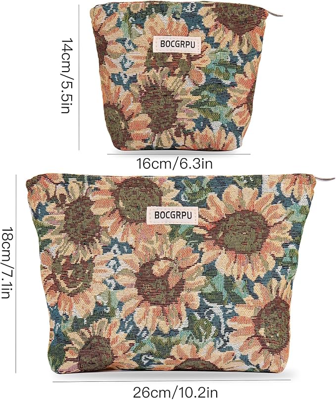 BOCGRPU 2 PCS Makeup Bag Set，Portable Cosmetic Bag for Purse ，Large Storage Capacity Toiletry Bag Make up Organizer，Travel Pouch with Zipper for Women, (Sunflower Oil Painting)
