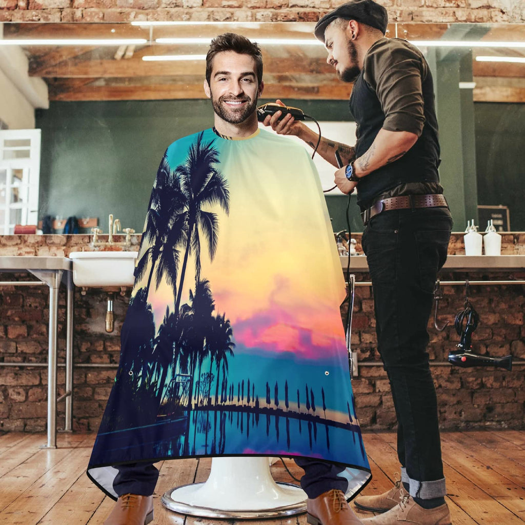 Visesunny Barber Cape - Silhouette Palm Tree Colored Pattern Polyester Hair Cutting Salon Apron Anti-Static Haircut Water-Resistant Shaving Cloth Beard Shaving Bib Hairdressing Cape