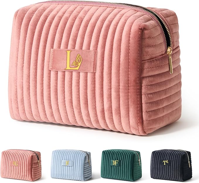 COSHAYSOO Custom Employee Appreciation Thank You Gifts for Women Female Social Worker Travel Makeup Bag Quilted Make Up Cosmetic Pouch Coworker Boss Leaving Going Away Farewell Gift Pink Initial L