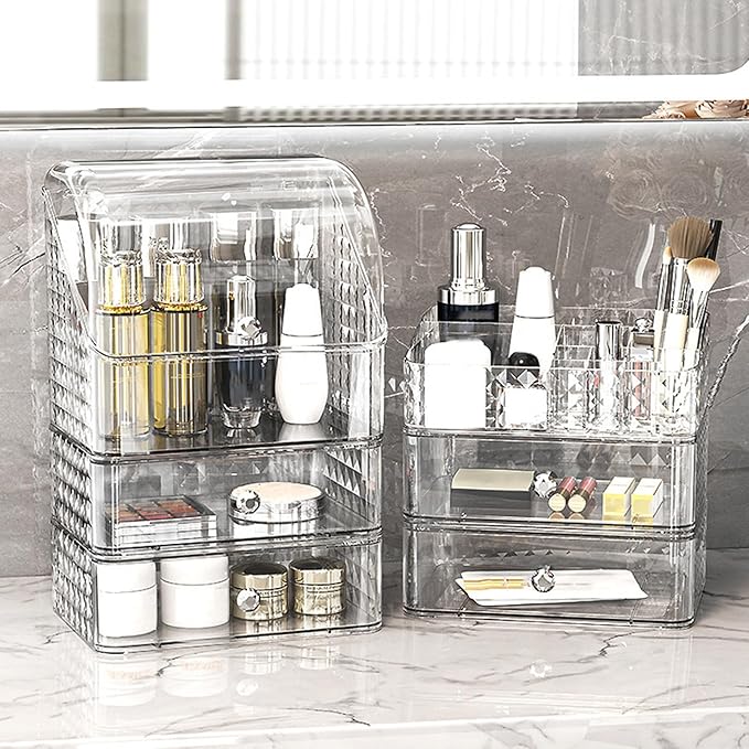 MIATTCLD Stackable Clear Makeup Organizer Cosmetic Storage Box, Makeup Display Cases Skincare Organizer, Plastic Makeup Holder for Vanity, Bathroom, Cabinet, Desk Countertop (B)