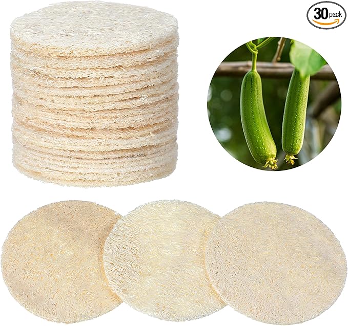 30 Pcs Natural Loofah Sponge Pads, 2.36 Inch Exfoliating Body Facial Scrub Pads for Makeup & Dead Skin Masks Removal Washing Face, Exfoliator Scrub Brush for Men Women Bath Shower Spa
