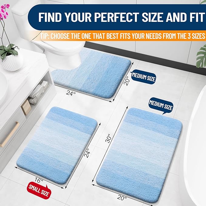OLANLY Bathroom Rug Set 2 Piece, Soft Absorbent Microfiber Bath Rug Set, Non-Slip, Machine Wash Dry, Plush Shaggy Bath Mats for Bathroom (30"x20"+24"x16", Sky Blue)