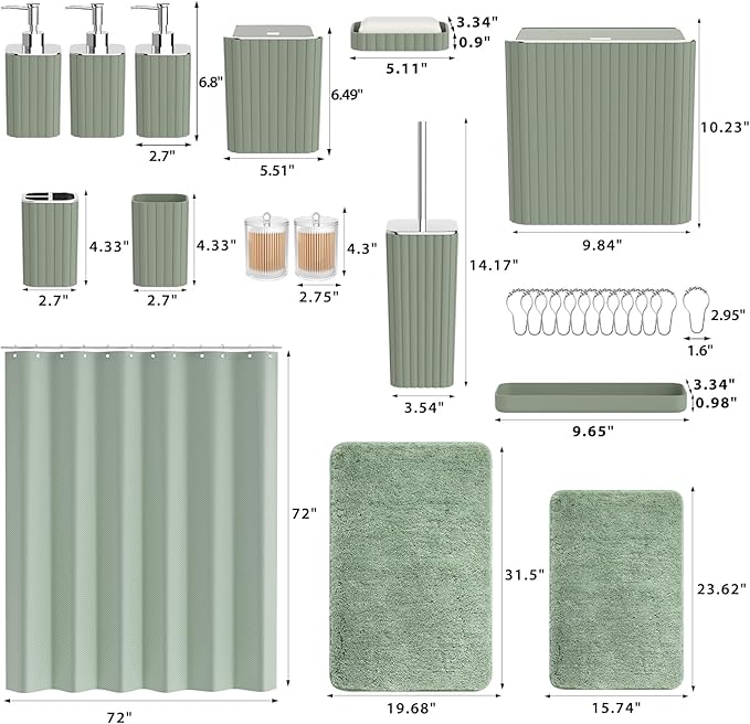 InnJoey Bathroom Accessory Set - Bathroom Sets with Shower Curtain and Rugs, Sage Green Bathroom Set, 27PC Bathroom Accessories Set, Mini Trash Can, Toilet Brush, Trash Can & Soap Dispenser