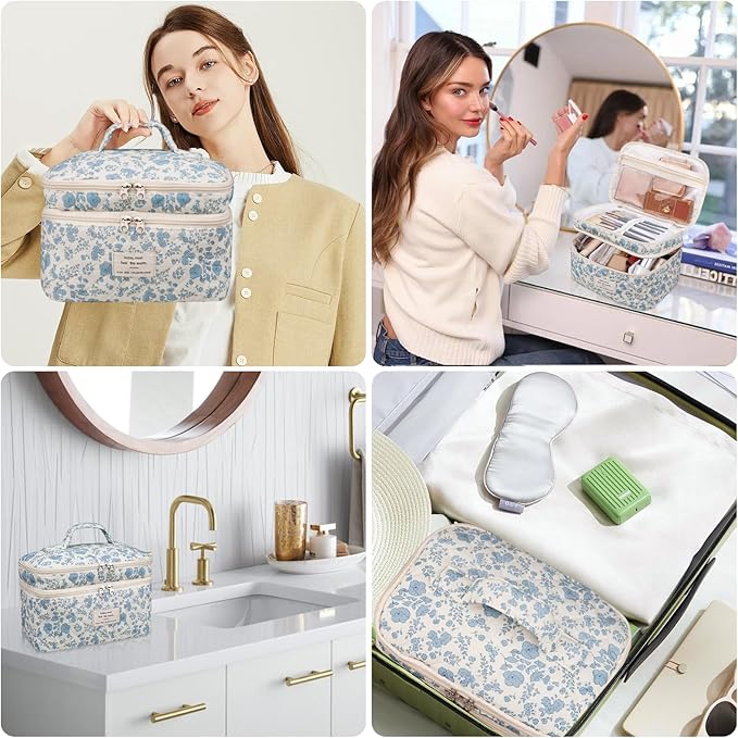 Gosect Makeup bag, Large Cosmetic Bag for Women Girls, Cute Quilted Makeup Bags, Floral Coquette Aesthetic Toiletry Bag, Travel Make Up Organizer Bag (Bear)