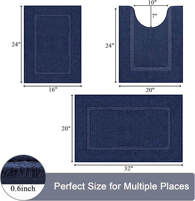 SHACOS Navy Blue Bathroom Rugs Sets 3 Piece Bath Mat U Shaped Toilet Rug