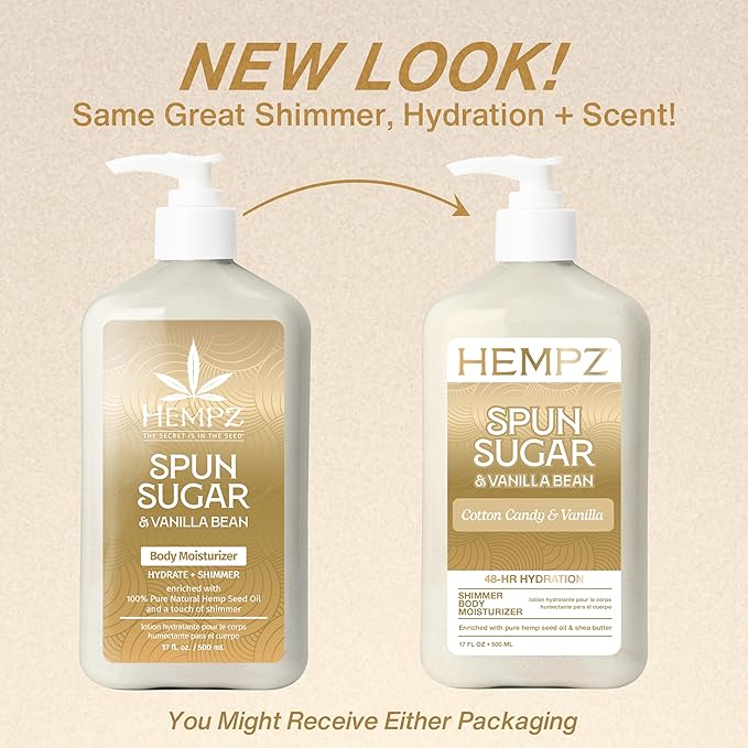 Hempz Cotton Candy Scented Body Lotion " Spun Sugar & Vanilla Bean, Hydrating Shimmer Moisturizer for Dry Skin, Body & Hands, 17 fl oz