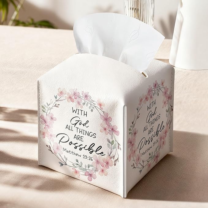 with God All Things are Possible Tissue Box Cover Square, Pink Wreaths Waterproof Leather Tissue Box Holder, Pink Paper Facial Tissue Box Covers Cube for Office Bathroom Home Prayer Room