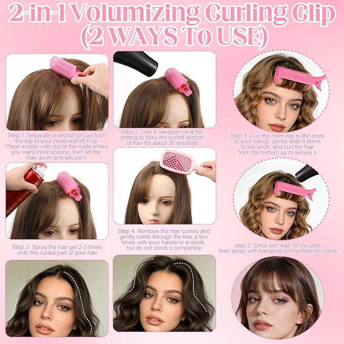 64 PCS Travel Hair Rollers Set for Women - 5 Sizes Self Grip Curlers with 2 Volumizing Roller Clips, 30 Pcs Clips & Comb in Portable Makeup Bag for Long/Medium/Short Hair & Bangs, Pink