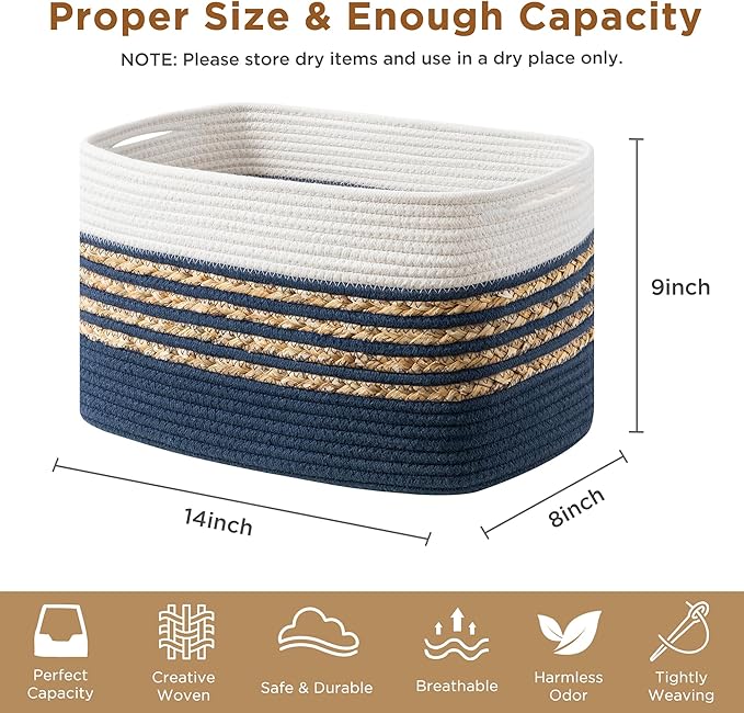 UBBCARE 2 Pack Baskets for Organizing, Woven Storage Baskets for Toys and Towel, Rectangle Cotton Rope Basket with Handles, 14''L x 8''W x9''H, Navy Blue