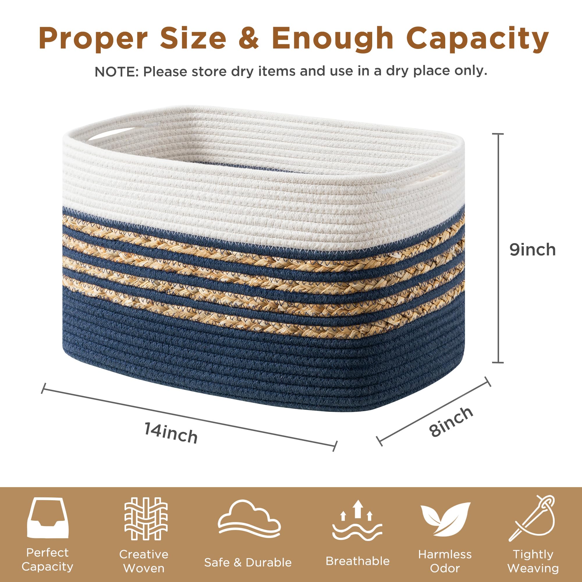 UBBCARE 4 Pack Baskets for Organizing, Woven Storage Baskets for Toys and Towel, Rectangle Cotton Rope Basket with Handles, 14''L x 8''W x9''H, Navy Blue