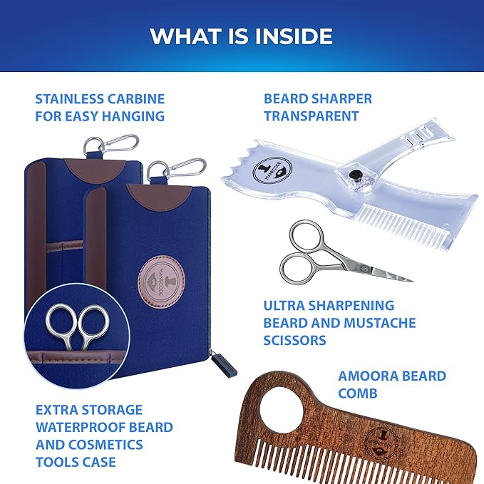 Manecode Beard Shaping Kit - Grooming Tools for Men - Adjustable Lineup Template, Premium Wooden Comb, Laser Sharpening Scissors, All in Hygiene Travel Case