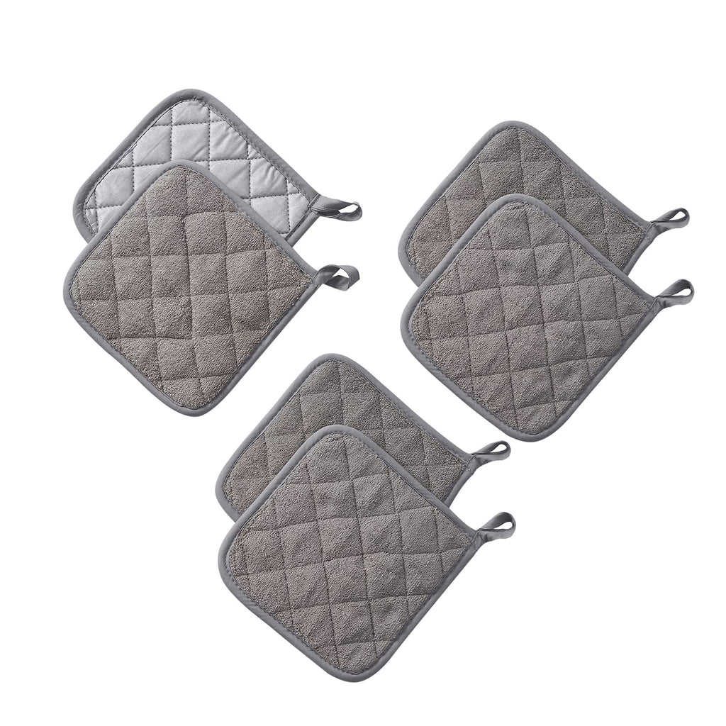 Kitchen Pot Holders Set Heat Resistant Pure Cotton Potholders Kit Trivets Large Coasters Hot Pads Terry Pot Holders for Everyday Cooking and Baking by 7 x 7 Inch Set of 6 Grey