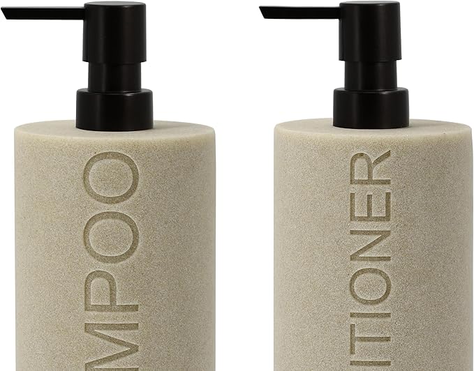 Indecor Home Resin 2 Pack Shampoo, Conditioner or Body Wash Dispenser Set, Luxurious Refillable Pump Bottles with Matte Pump Top and Embossed Text, Durable Design for Bathroom and Shower