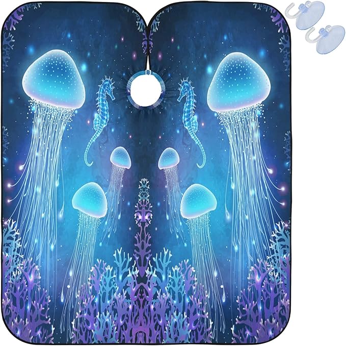 visesunny Barber Cape Magic Glowing Blue Jellyfish Polyester Hair Cutting Salon Cape Apron Anti-Static Haircut Shaving Cloth Beard Shaving Bib Hairdressing Cape