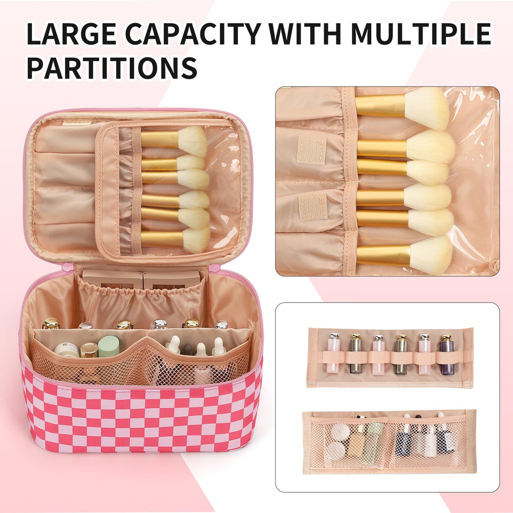 OCHEAL Makeup Bag Portable Cosmetic Bag For Women, Large Capacity Travel Makeup Case Organizer, Toiletry Bag for Girls Traveling With Handle and Divider-Pink