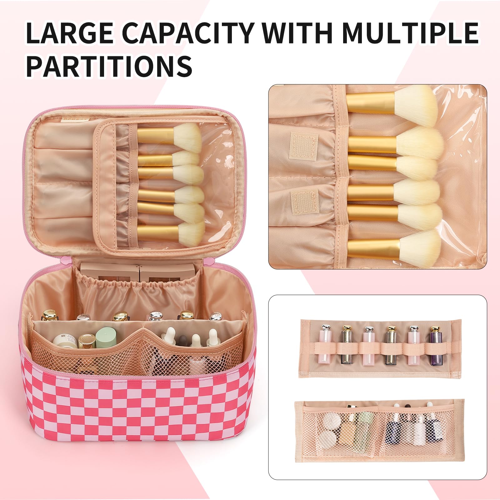 OCHEAL Makeup Bag Portable Cosmetic Bag For Women, Large Capacity Travel Makeup Case Organizer, Toiletry Bag for Girls Traveling With Handle and Divider-Pink