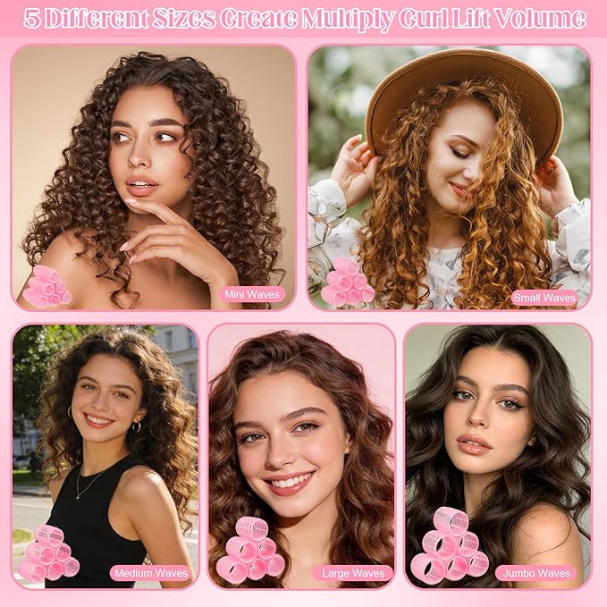 64 PCS Travel Hair Rollers Set for Women - 5 Sizes Self Grip Curlers with 2 Volumizing Roller Clips, 30 Pcs Clips & Comb in Portable Makeup Bag for Long/Medium/Short Hair & Bangs, Pink