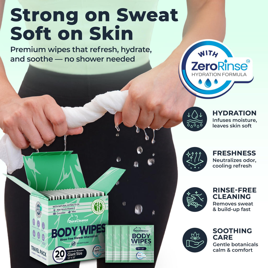 Travel Body Wipes for Women - 20 XL Shower Wipes for Adults Bathing No Rinse - Individually Wrapped 10”x10” Disposable Washcloths - Feminine Hygiene Essentials, Gym, Backpacking, Camping Must Haves