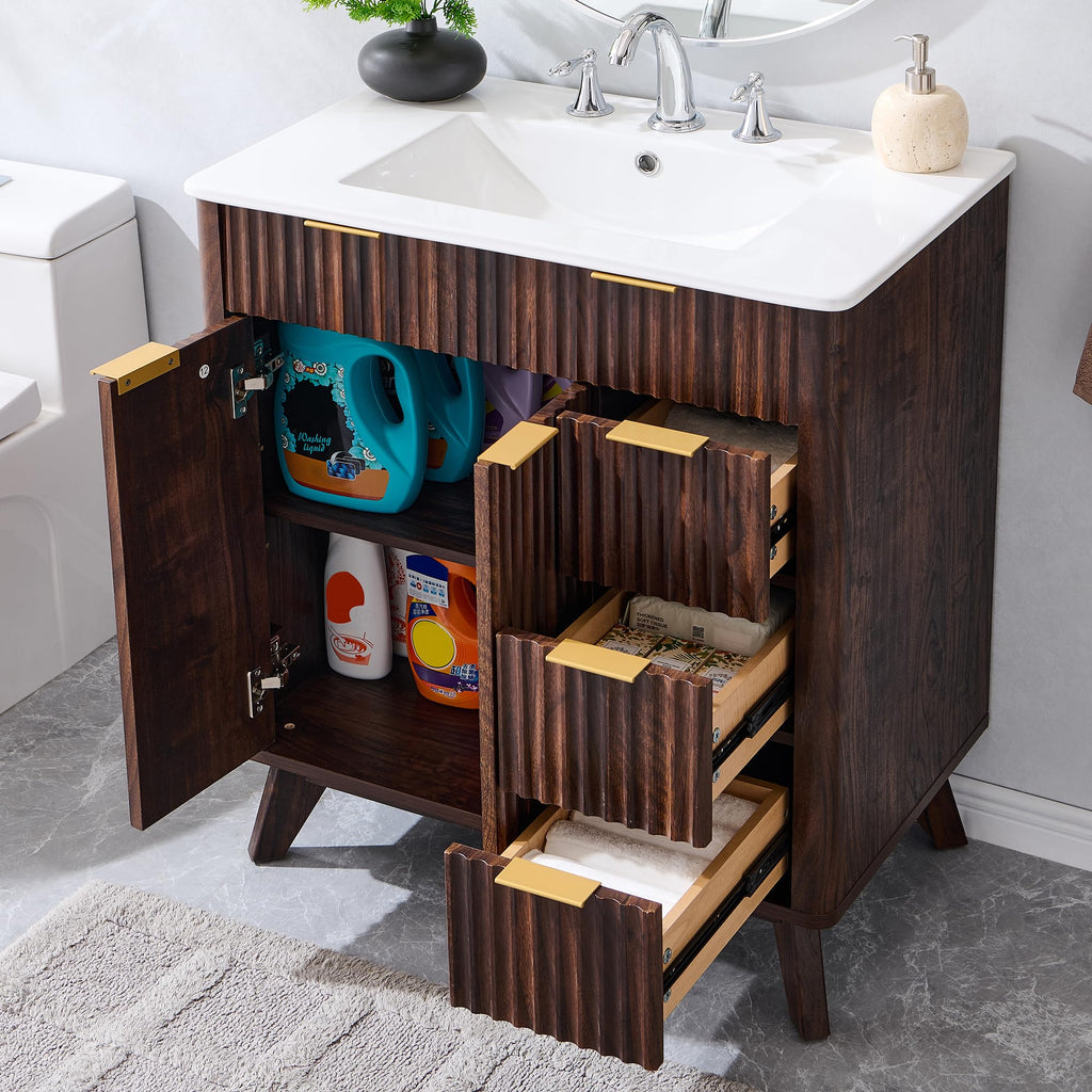 T4TREAM 30" Fluted Bathroom Vanity with Ceramic Sink Combo, Dark Walnut