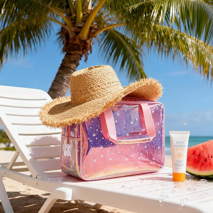TotePrint TPU Holographic Pink Star Large Cosmetic Bag 12x5x8 inch Travel Pouch with Handle,Durable Material,Zipper Design-Ideal for Makeup,Travel Essentials (9593-8)