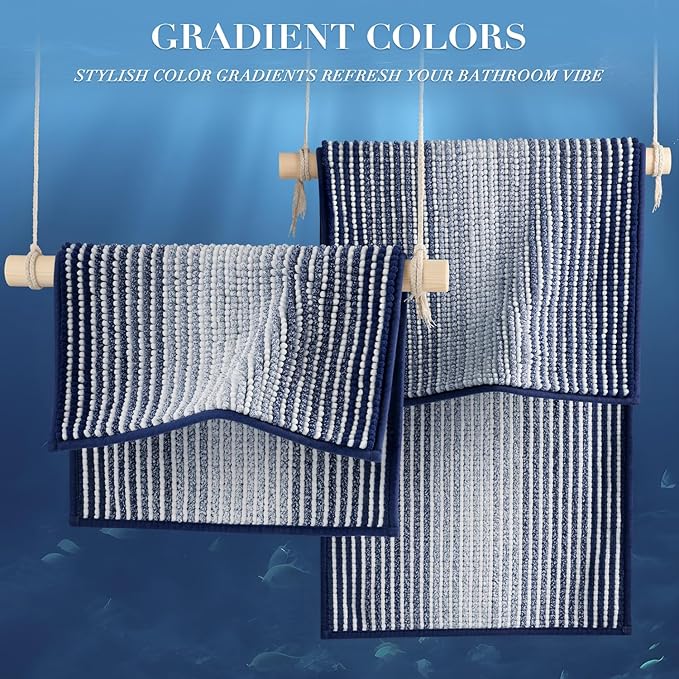 BSICPRO Bathroom Rugs and Mats Sets, 2 Piece Thick Absorbent Chenille Bath Mat Rug Set Non Slip, Soft Shaggy Bath Room Floor Mats for Bathroom, Machine Washable (Navy, 20" x 60" Plus 20" x 32")