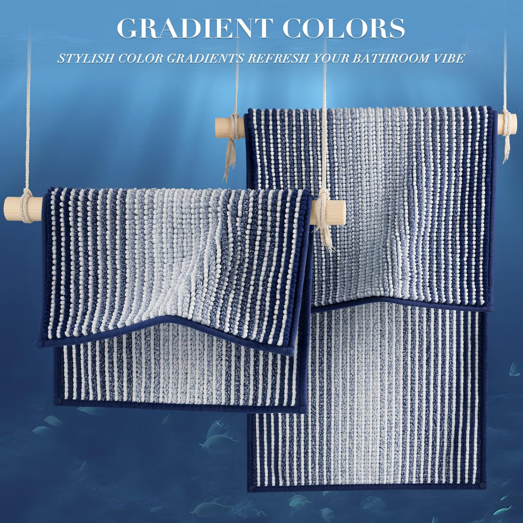 BSICPRO Bathroom Rugs and Mats Sets, 2 Piece Thick Absorbent Chenille Bath Mat Rug Set Non Slip, Soft Shaggy Bath Room Floor Mats for Bathroom, Machine Washable (Navy, 20" x 47" Plus 20" x 32")
