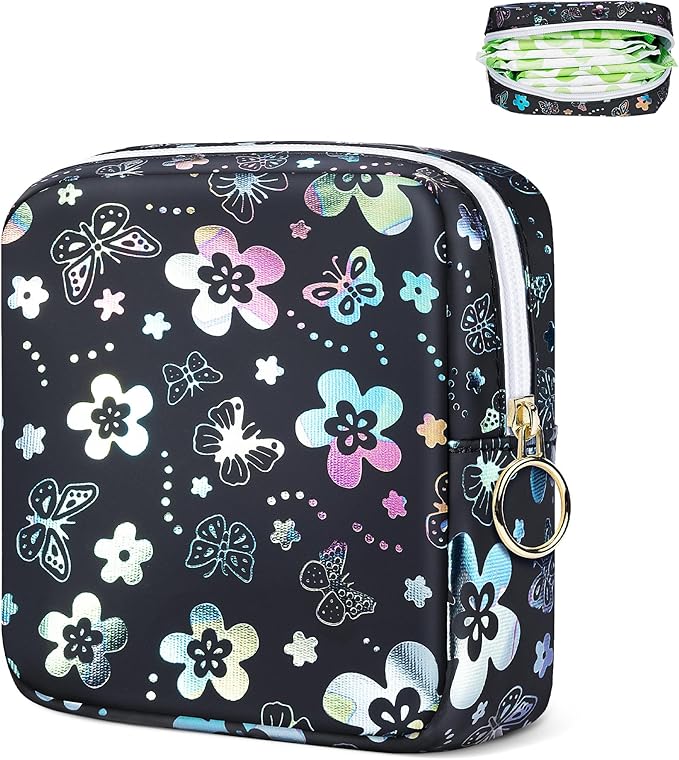 Likesing Period Bag Pouch, Leather Sanitary Napkin Storage Bag for Girls Womens, Portable Sanitary Napkin Period Pad Pouch Bag for Purse, Small Make Up Bags(Flower Butterflies)