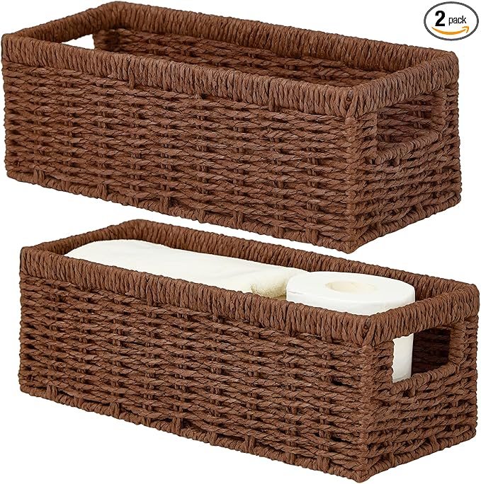 Vagusicc Wicker Storage Basket, Paper Rope Wicker Baskets with Handles, Toilet Paper Basket for Toilet Tank Top, Small Wicke Baskets for Organizing Shelves, 2-Pack, Brown