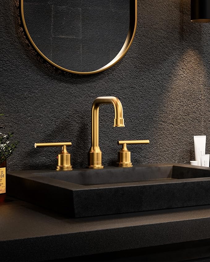 WOWOW Brushed Gold Bathroom Faucet Widespread Bathroom Sink Faucet 2 Handle Lavatory Tap 3 Holes with Drain and Supply Hoses Mordern Basin Taps