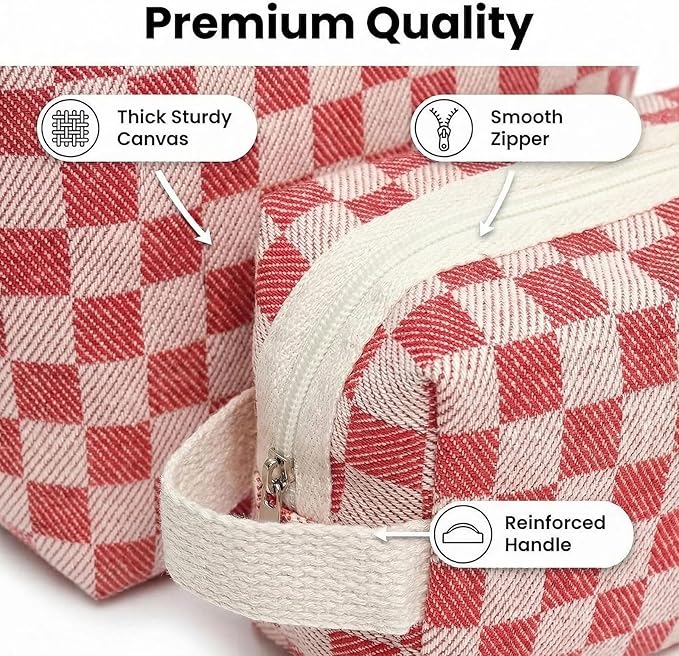 Beayuva 3 Pcs Canvas Makeup Bag Set Checkered Cosmetic Pouch for Women Travel Toiletry Bag Cute Makeup Organizer Purse Pouch Preppy Pencil Case with Zipper (Checkered Red)