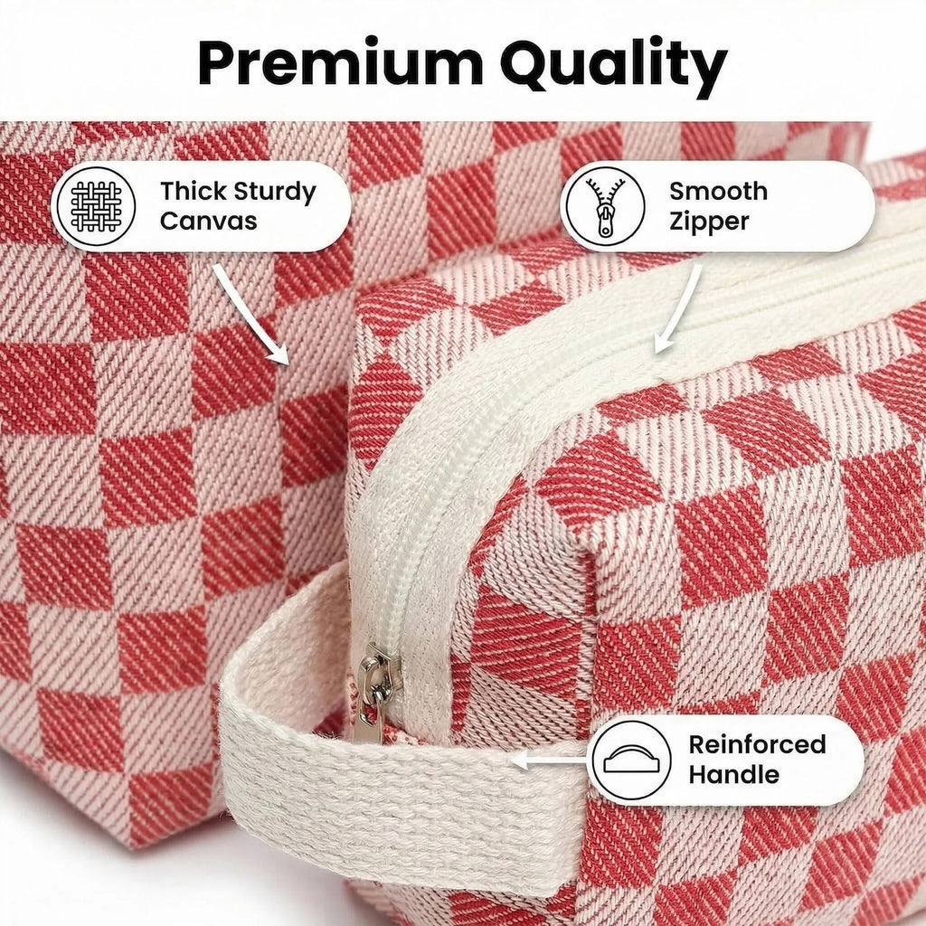 Beayuva 3 Pcs Canvas Makeup Bag Set Checkered Cosmetic Pouch for Women Travel Toiletry Bag Cute Makeup Organizer Purse Pouch Preppy Pencil Case with Zipper (Checkered Red)