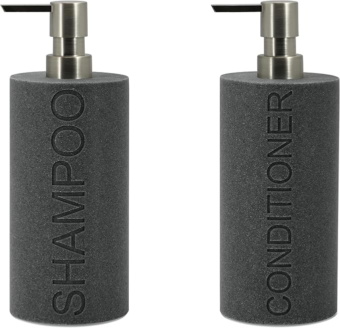 Indecor Home Resin 2 Pack Shampoo, Conditioner or Body Wash Dispenser Set, Luxurious Refillable Pump Bottles with Matte Pump Top and Embossed Text, Durable Design for Bathroom and Shower