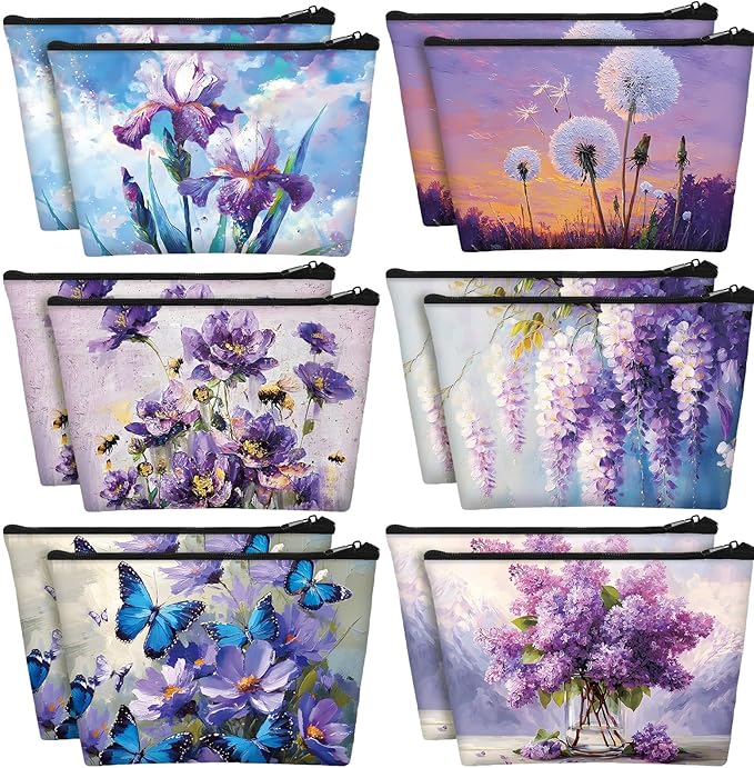 Sweetude 12 Pcs Purple Flowers Makeup Bags Bulk Purple Portable Travel Cosmetic Bag with Zipper Oil Painting Floral Waterproof Roomy Travel Toiletry Organizer Storage Beauty Pouch for Women Gifts