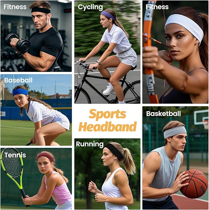 Headbands for Women - 6 Pack Wide Elastic Hairbands | Ultra-Soft Moisture Wicking Sports Headband | Non-Slip Accessories Bands for Fashion (Dark Purple Dark Gray White Red Navy Black)