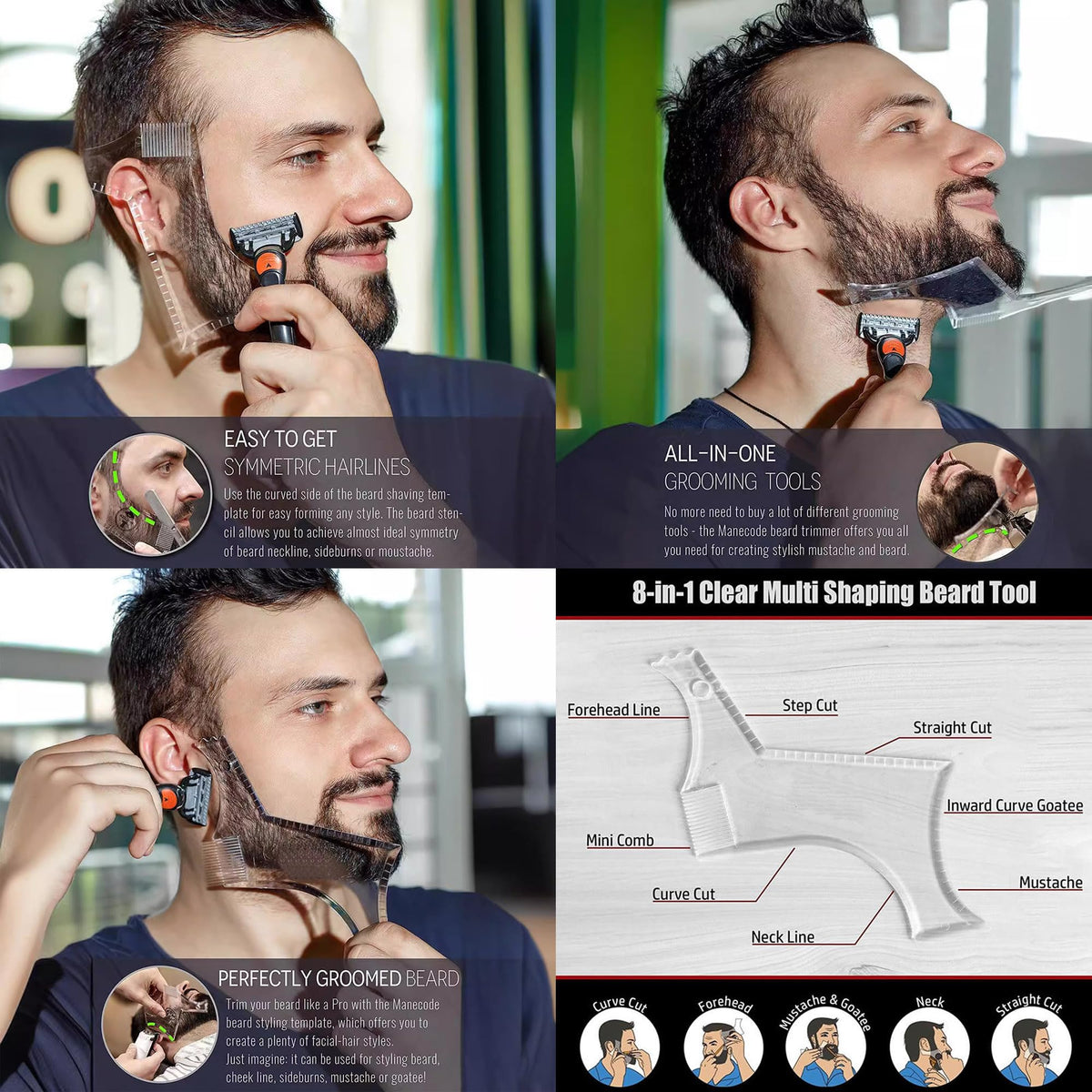 Beard Trimming Guide Tool, 3Pcs Neckline Shaping Goatee Mustache Grooming Facial Hair Styling Template Face Hair Ruler Combs