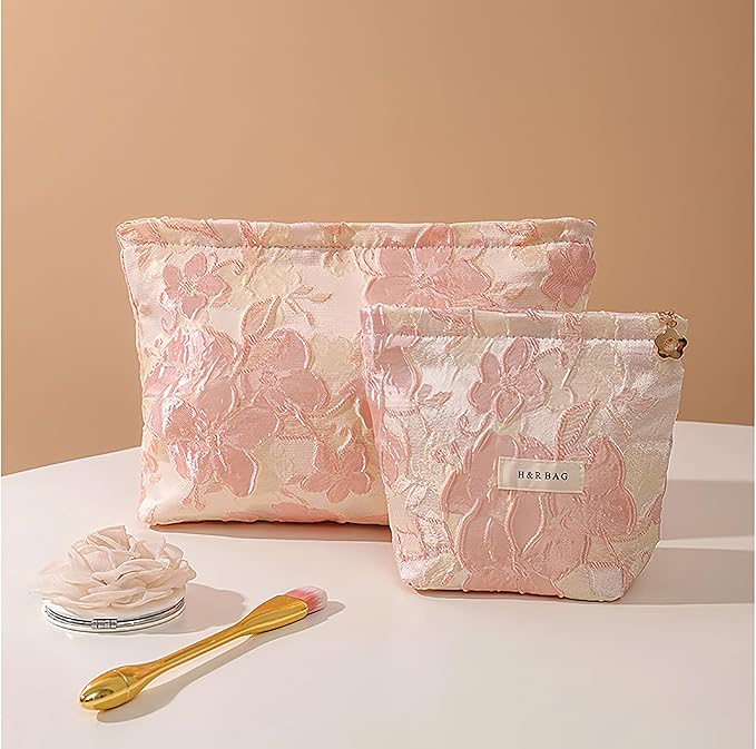 getgto 2 Pcs Makeup Bags, Large Cosmetic Bag Travel Toiletry Bag Organizer for Women, Embroidery Craft, Floral Makeup Bag Small Cosmetic Pouch Purse with Zipper Gifts for Girls Teen