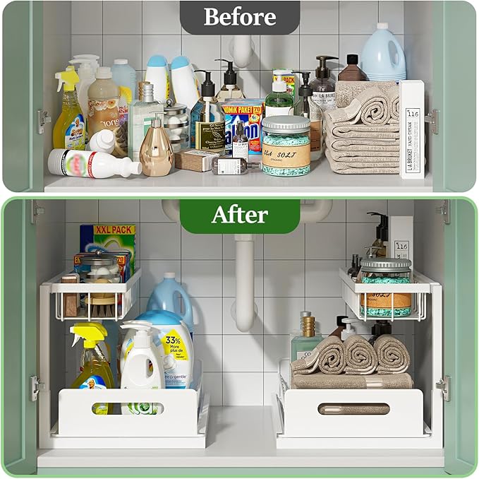 REALINN Under Sink Organizer, Pull Out Cabinet Organizer, 2 Tier Metal Slide Out Shelf with L Shaped Design for Kitchen, Bathroom, Laundry, and Utility Cabinet Storage for Deep Cabinets, White, 2 Pack