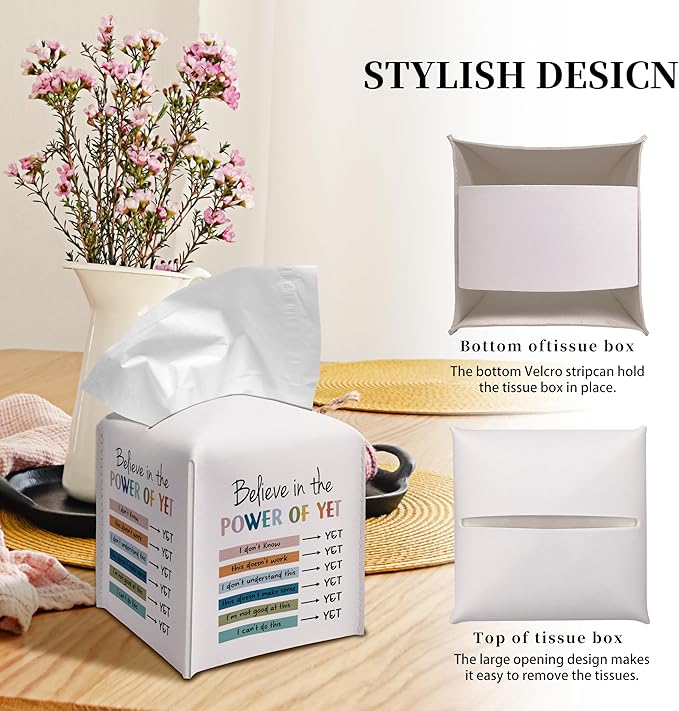 Grace Yonks Cute Tissue Box Cover Square - Power of Yet Growth Mindset Design 5.2" PU Leather Holder for Vanity, Desk, or Bathroom Counter - Cube Case for Facial Tissues(018)