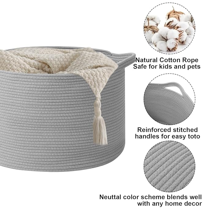 65L Large Blanket Basket,19.7" L x 19.7" W x 13" H Rope Woven Baskets with Handles, Toys Storage Bins,Laundry Basket Perfect for Living Room, Nursery,Bedroom,Home Organization,Light Gry