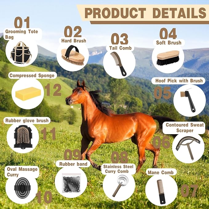 Abbylike 12 Pieces Horse Grooming Kit with Organizer Tote Bag Tack Room Supplies Horse Brush Sets Equine Care Cleaning Kit Shedding Grooming Massaging Tools(Black and Dark Grey)