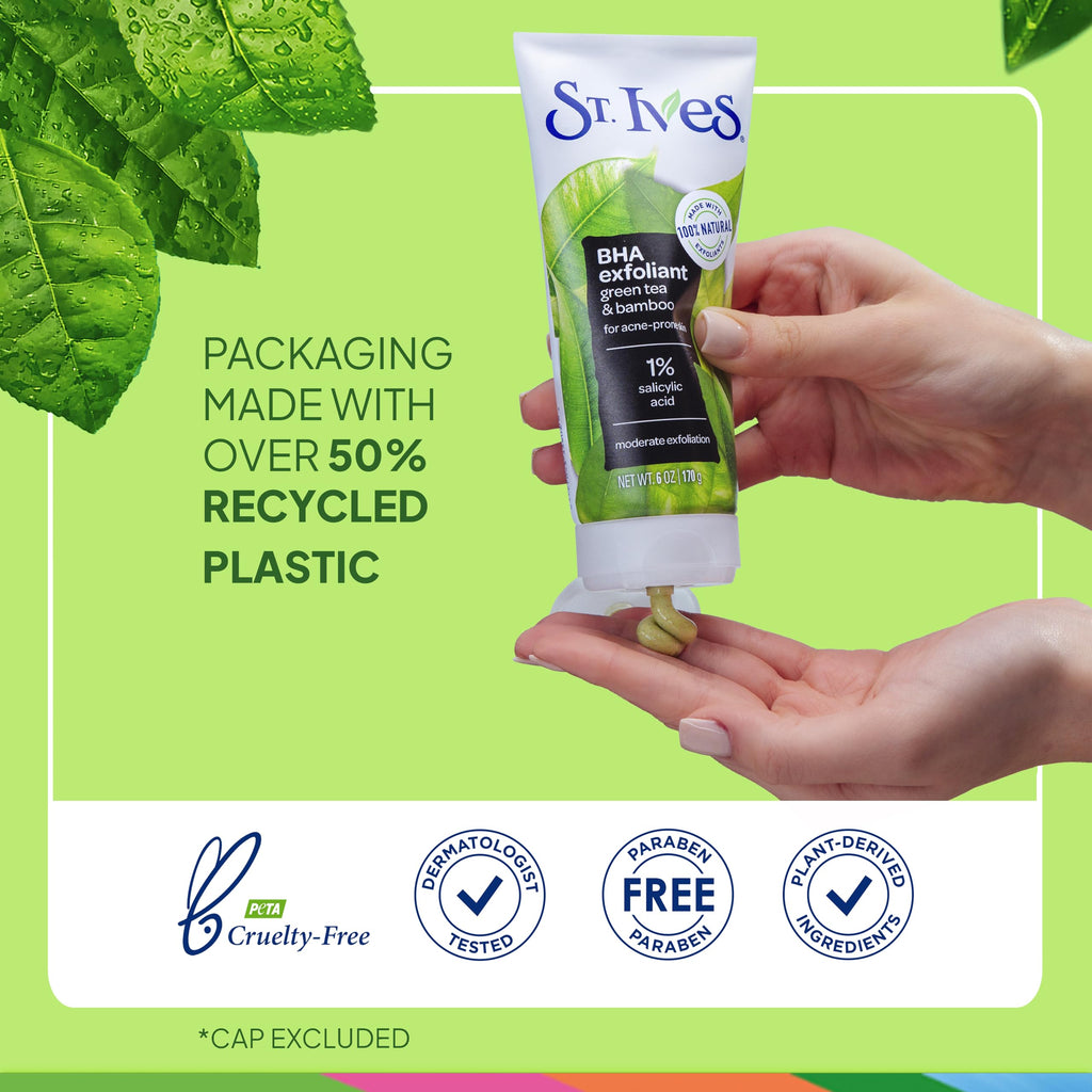 St. Ives Blackhead Clearing Face Scrub, Clears Blackheads & Unclogs Pores, Green Tea & Bamboo, Salicylic Acid Acne Treatment Facial Scrub, Moderate Exfoliator Skin Care with Natural Exfoliants 6 oz