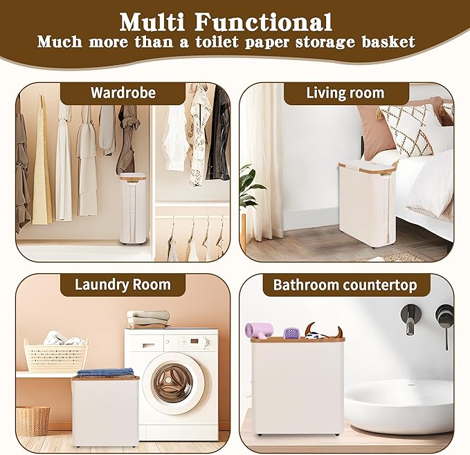 Toilet Paper Storage Basket with Lid - The Ultimate Bathroom Organizer, Free Standing Toilet Paper Holder for Up to 12 Mega Rolls, Toilet Tissue Storage Bin with Handle for RV Closet, Beige