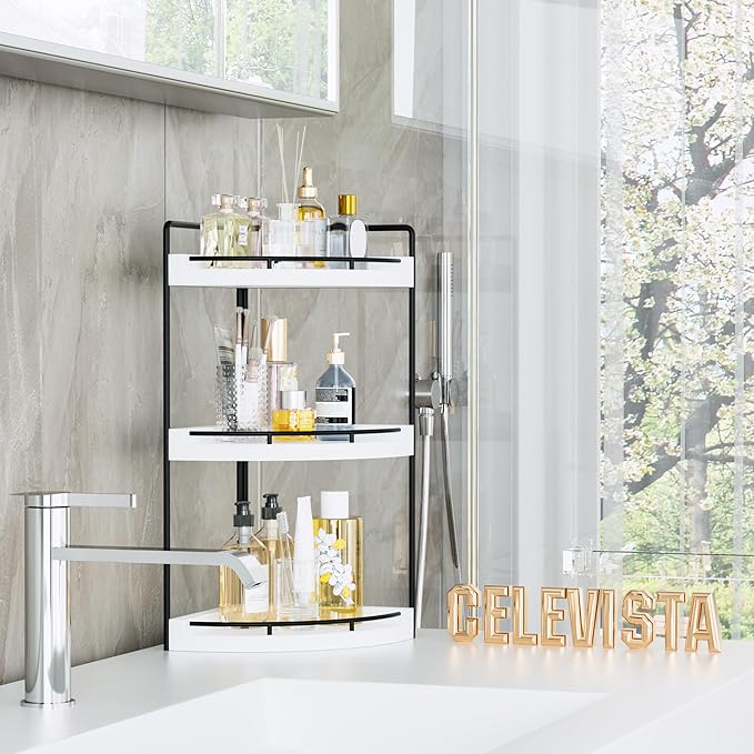 CeleVista Corner Bathroom Counter Organizer, 3 Tier Bathroom Sink Shelf Countertop, Wood Vanity Skincare Storage for Toiletries Decor, Makeup, Dresser (White)